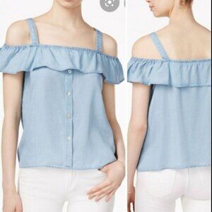 MAISON JULES Womens Top‎ Blouse Off The Shoulder Flounce Skirted Chambray Small